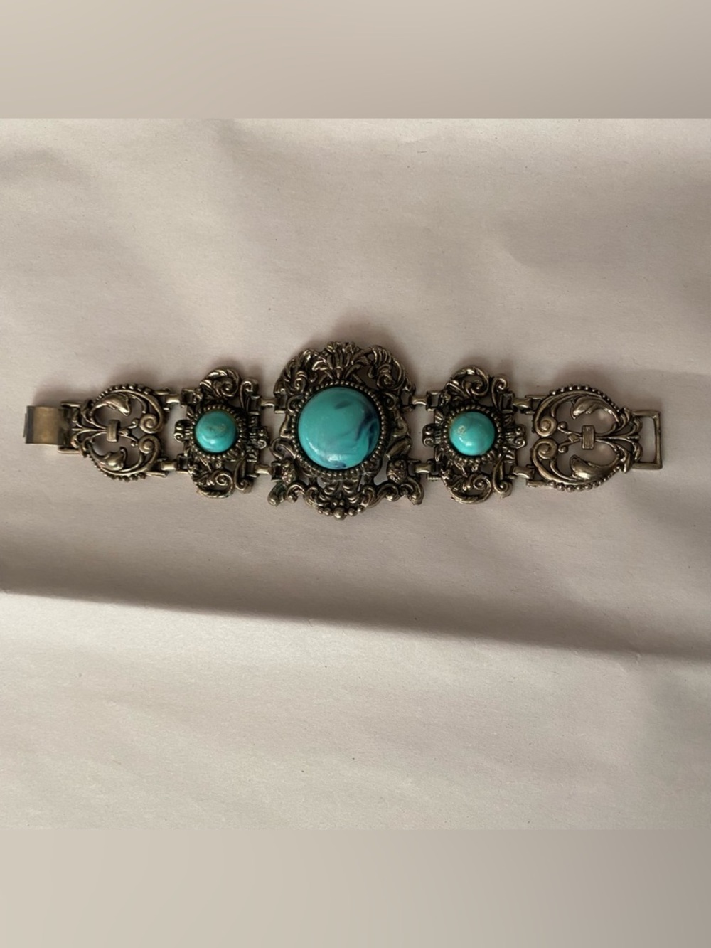 Vintage Bracelet Faux Turquoise Silver Tone Filigree Florenza Western Southwest
